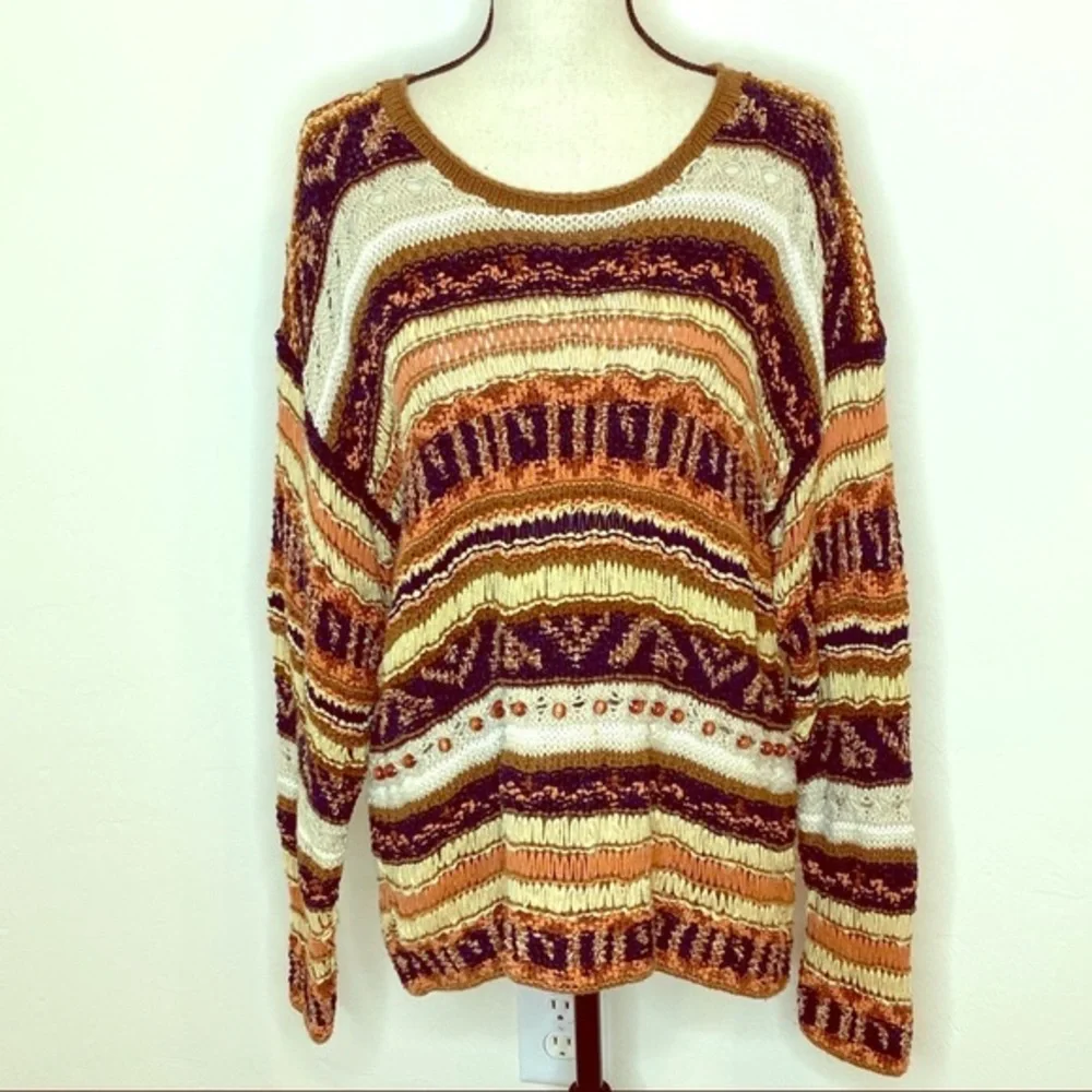Casual Corner Sweater Women’s L Vintage Brown Striped Hand Knit Limited Edition - Picture 3 of 11
